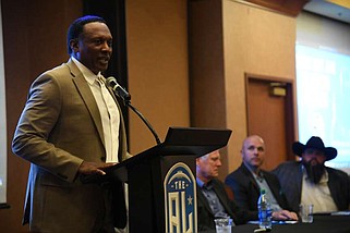 The Arena League football commissioner, Tim Brown, announces that a team will be based in Hot Springs on Thursday while at the Embassy Suites by Hilton Hot Springs Hotel & Spa. Brown won the 1987 Heisman Trophy and is a member of the National Football League Hall of Fame. (The Sentinel-Record/Lance Brownfield)